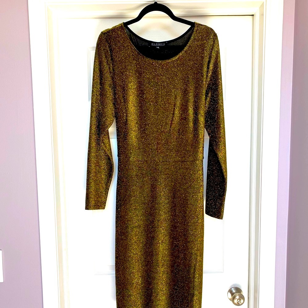 Size 20 Metallic Gold Shimmering Tie Waist Midi Dress — Never Worn